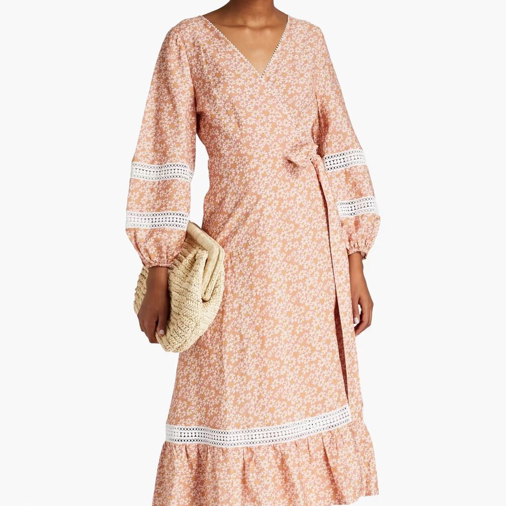 Floral Wrap Midi Dress in Peach